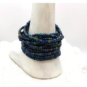 Vintage Bracelet 16 strands of navy iridescent glass seed bead with wooden clasp